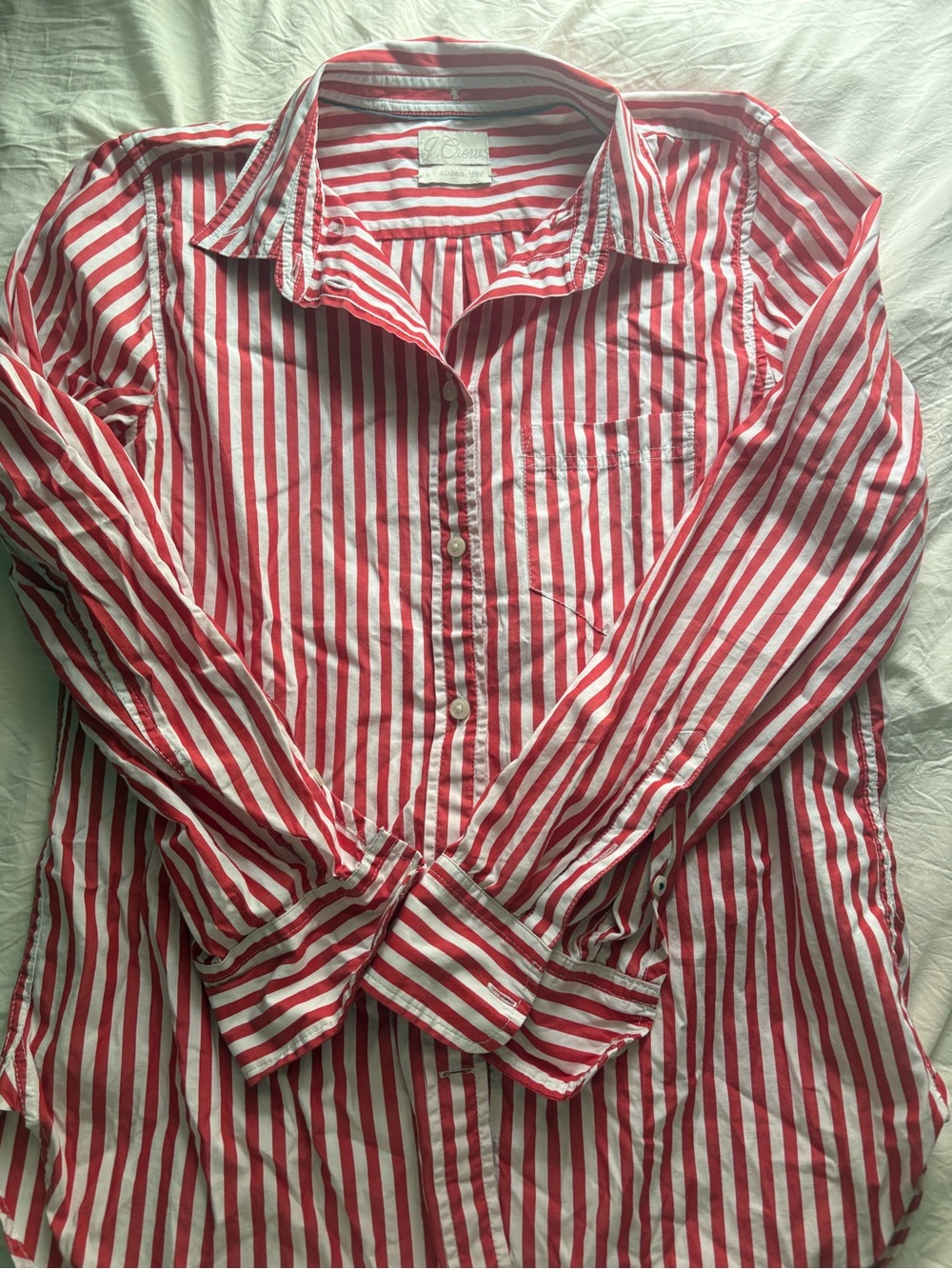 J. Crew Red and White Vertical Stripe Button-Down Shirt